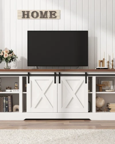 Fireplace TV Stand for up to 75" TV, Farmhouse Entertainment Center Suitable for 36" Fireplace, 70" Media Console Cabinets
