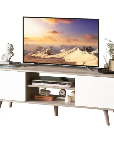 TV Stand for 55 60 inch TV, Boho Entertainment Center with Storage Cabinets, TV Console for Living Room Decor, Greige White