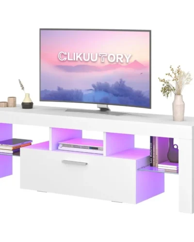 White LED TV Stand with Large Storage Drawer, Modern TV Console Table with Entertainment Center for Living Room, Bedroom, White