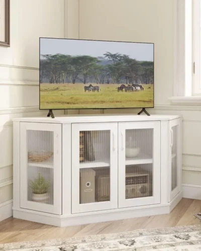 Corner TV Stand - 47 Inch Media Console with 4 Doors and Shelves, Living Room Storage for TVs up to 51 Inch