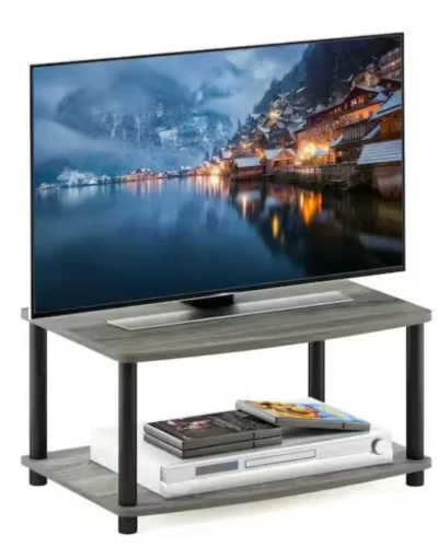 24 in. Amber Pine/Black Wood TV Stand Fits TVs Up to 24 in. with Open Storage; Easy Assembly and No tools required.