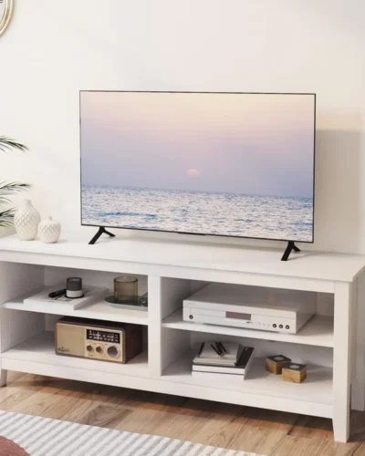Modern TV Stand for 65 inch TV, White Wood TV Cabinet with 4 Open Storage Shelves, Fits 50-65 Inch TVs, 55 Inches W x 15 Inches