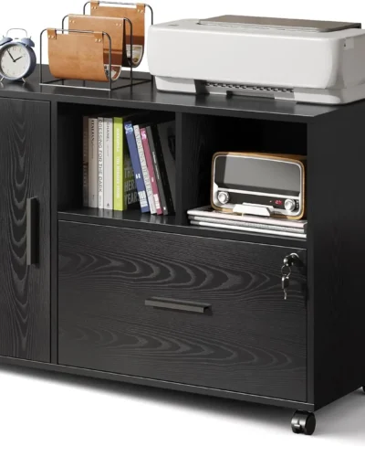 Office File Cabinet with Lock, 1-Drawer Wood Lateral Filing Cabinet on Wheels, Printer Stand with Open Storage Shelves, Black