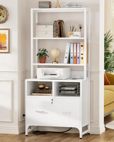 Vertical File Cabinet with Charging Station,Lock & Large Drawer,Printer Stand with Storage Shelves,Office Storage Cabinet ,White
