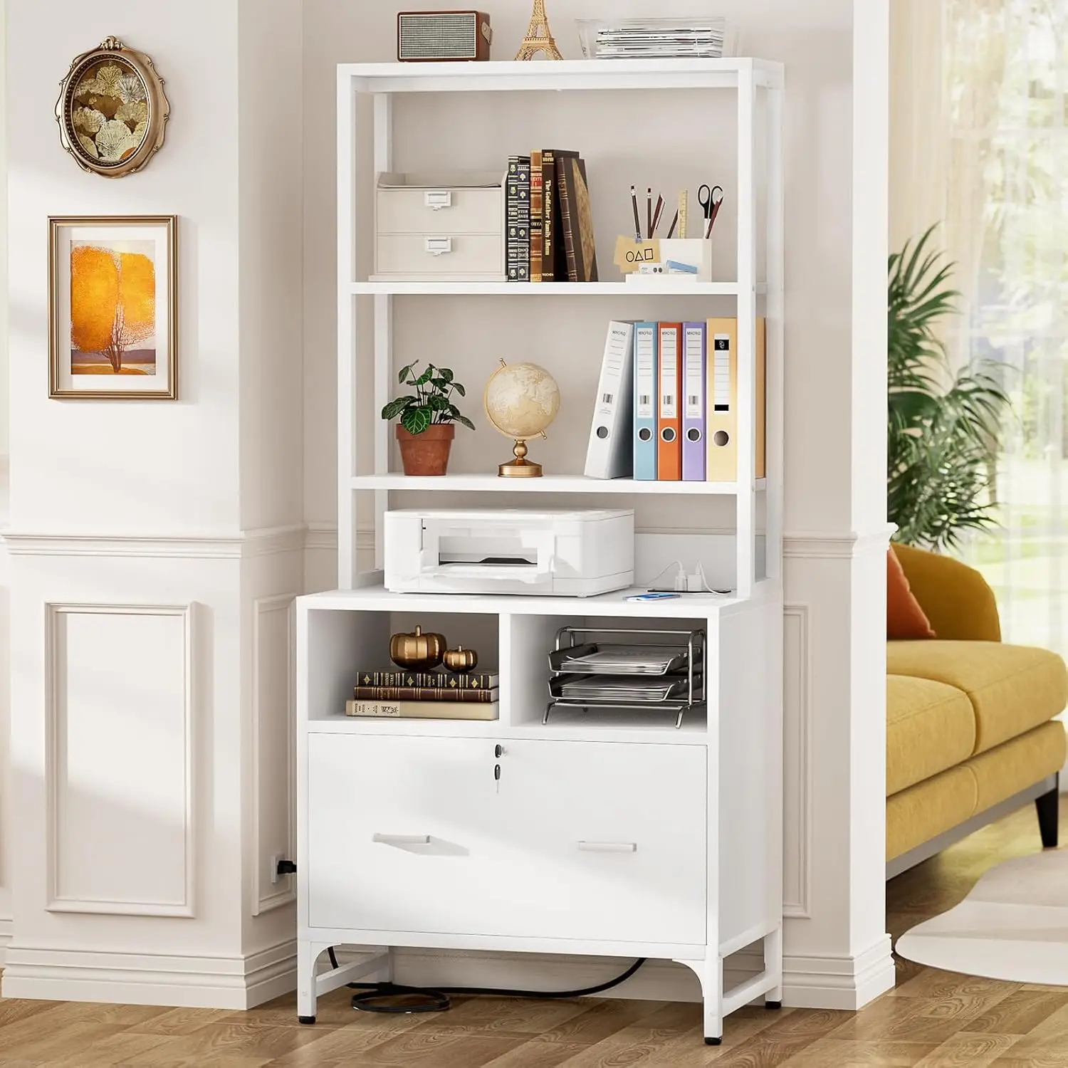 Vertical File Cabinet with Charging Station,Lock & Large Drawer,Printer Stand with Storage Shelves,Office Storage Cabinet ,White