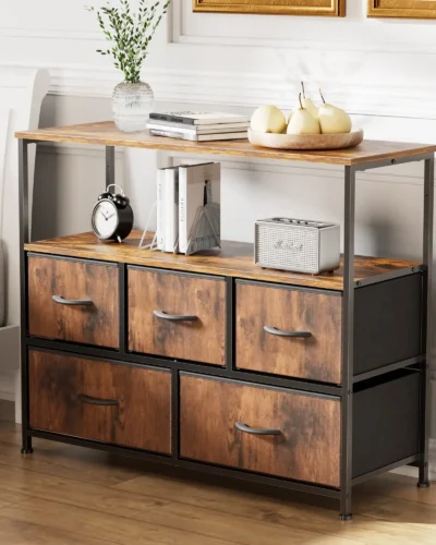 TV Stand with 5 Drawer Dresser Open Shelves, Fits TV up to 45 Inches