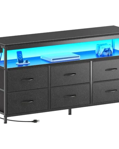 LED TV Stand for Bedroom, 47 Inch Fabric Dresser with Power Outlets, Entertainment CenterTV, 6 Drawer Dresser for Bedroom