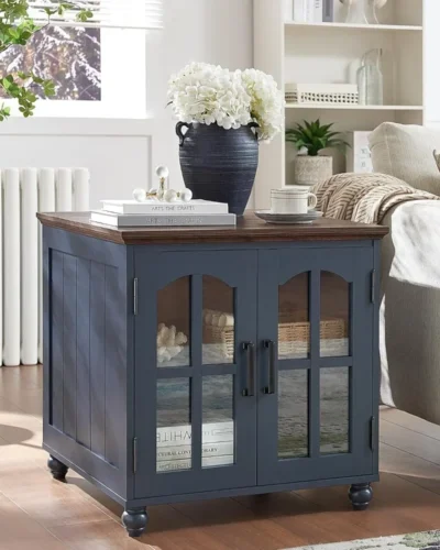 Farmhouse End Table with Charging Station,24" Large Sofa Side Table with Glass Barn Door,Rustic Wood Night Stand with Adjustable