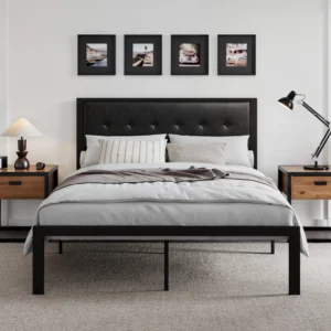 HOOMIC Metal Bed Frame, Upholstered Headboard with Square Stitched, Classic Button Tufted, Faux Leather, No Box Spring Needed