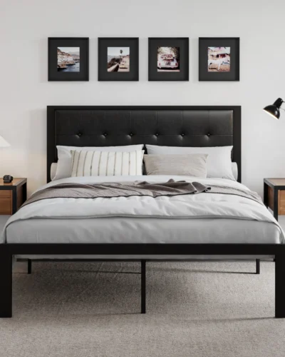 HOOMIC Metal Bed Frame, Upholstered Headboard with Square Stitched, Classic Button Tufted, Faux Leather, No Box Spring Needed