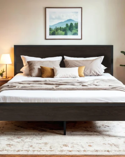 HOOMIC Bed Frame with Wooden Headboard, Metal Platform Bed with Strong Mattress Foundation, No Box Spring Needed,