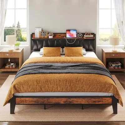 LIKIMIO Twin/Full/Full XL/Queen/Twin XL/California King Bed Frame, Storage Headboard with Charging Station, Easy Assembly