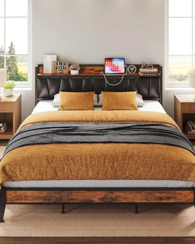 LIKIMIO Twin/Full/Full XL/Queen/Twin XL/California King Bed Frame, Storage Headboard with Charging Station, Easy Assembly