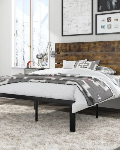 HOOMIC Bed Frame with Rustic Wooden Headboard/Heavy Duty Platform Bed Frame/Mattress Foundation/Strong Metal Slats Support