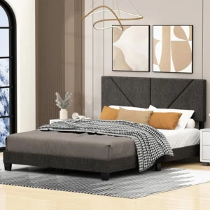 Queen Size Adjustable Headboard Bed Frame, Modern Linen Upholstered Platform Bed with Wood Slat Support - No Box Spring Needed