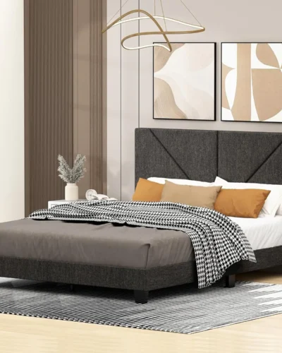 Queen Size Adjustable Headboard Bed Frame, Modern Linen Upholstered Platform Bed with Wood Slat Support - No Box Spring Needed