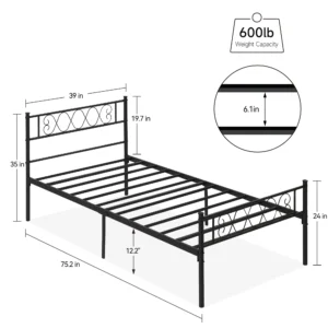Twin Bed Frame with Headboard & Footboard, Twin Size Sturdy Metal Platform Bed Frame with Iron-Art Sweet Heart, No Box Spring,bl