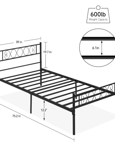 Twin Bed Frame with Headboard & Footboard, Twin Size Sturdy Metal Platform Bed Frame with Iron-Art Sweet Heart, No Box Spring,bl