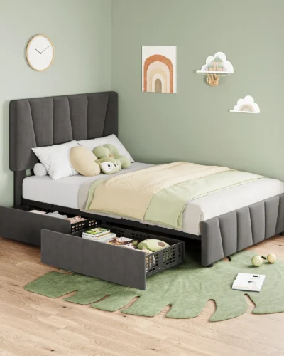Full Size Bed Frame with Adjustable Headboard and 4 Storage Drawers, Upholstered Platform Bed Frame Wooden Slats Support