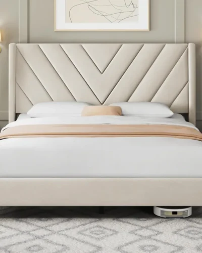 Bed Frame Upholstered Platform Bed with Wing Side/Wooden Slat Support/Tufted Headboard with Wing Side/Mattress Foundation