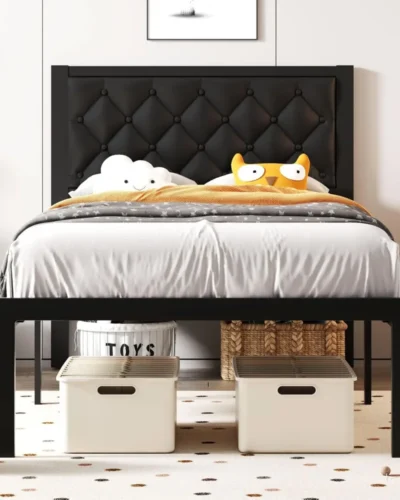 Twin Bed Frame with Headboard PU Leather Upholstered Bed Frame Platform,All Metal Slats Support Platform Bed Frame