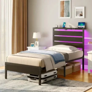 Full-size bed frame, USB charging, wooden storage headboard, black metal platform bed, under-bed storage