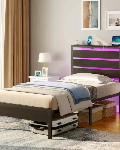 Full-size bed frame, USB charging, wooden storage headboard, black metal platform bed, under-bed storage