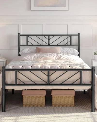Twin Size Platform Bed Frame with Arrow Design Headboard, 13 Inches Metal Mattress Foundation for Storage, No Box Spri
