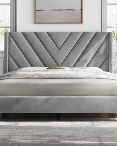 Queen Bed Frame Upholstered Platform Bed with Wing Side/Wooden Slat Support/Tufted Headboard with Wing Side/Mattress