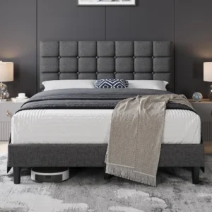 Upholstered Bed Frame, Modern Queen Bed Platform with Square Stitched&Button Tufting Headboard Height Adjustable
