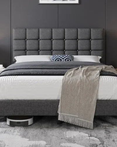 Upholstered Bed Frame, Modern Queen Bed Platform with Square Stitched&Button Tufting Headboard Height Adjustable