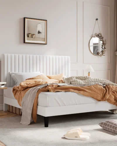 HOOMIC Upholstered Platform Bed Frame with Vertical Channel Tufted Velvet Fabric Adjustable Headboard Allewie