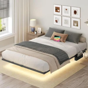 LED Floating Bed Frame with Power Strip & Storage Box, Metal Platform Bed of Easy to Install, Metal Bed Frame