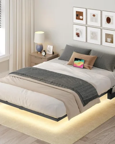 LED Floating Bed Frame with Power Strip & Storage Box, Metal Platform Bed of Easy to Install, Metal Bed Frame