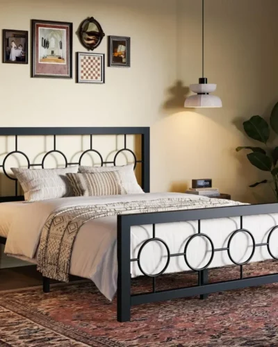 Full Size Bed Frame with Vintage Circular Design Headboard and Footboard, No Box Spring Required, Easy Assembly, Noise-Free