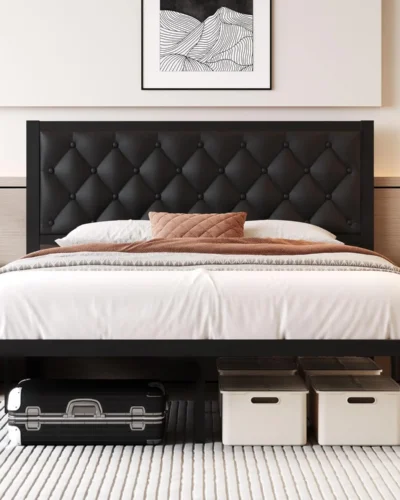 HOOMIC Upholstered Platform Bed Frame with Adjustable Modern Button Tufted Linen Fabric Headboard, No Box Spring Needed Allewie