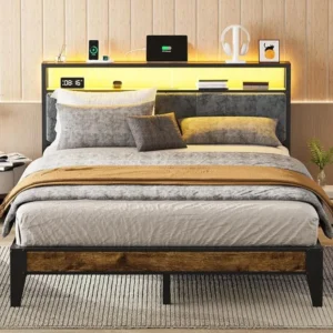 Queen Bed Frame with 2-Tier Storage & LED Light Headboard, Metal Platform Bed w/Charging Station Type C, No Box Spring Needed
