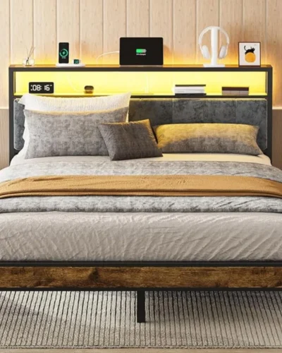 Queen Bed Frame with 2-Tier Storage & LED Light Headboard, Metal Platform Bed w/Charging Station Type C, No Box Spring Needed