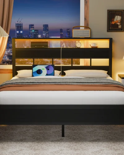 Satifur Full/Queen Size Bed Frame with LED Light and Charging Station, Wood Storage Headboard with 2-Tier Shelves,Metal Platform