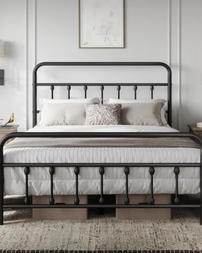 Queen Size Bed Frame with Victorian Style Iron-Art Headboard, No Box Spring Needed, Queen Size Bed Frame