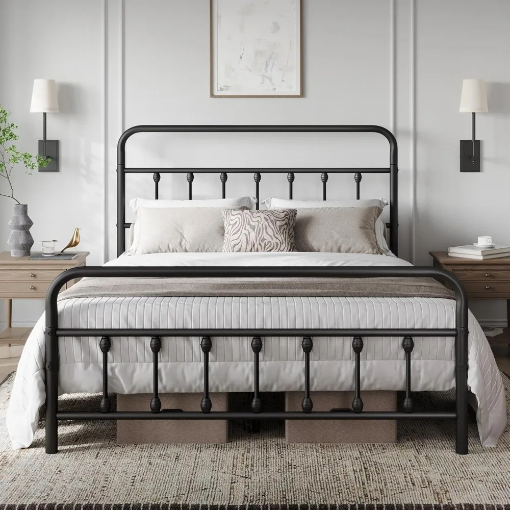 Queen Size Bed Frame with Victorian Style Iron-Art Headboard, No Box Spring Needed, Queen Size Bed Frame
