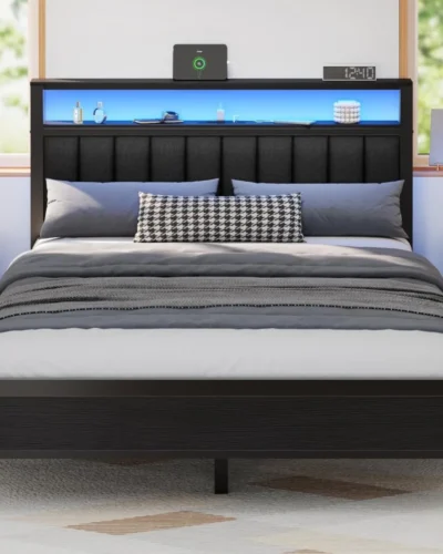 Full Size Bed Frame with Storage Space and  PU Leather Upholstered Bed Frame Platform, Easy Assembly, No Box Spring Needed