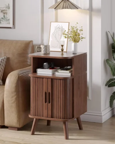 Fluted Nightstand, Mid Century Modern End Table with Sliding Tambour Doors, Wood Accent Side Table, Curved Round Edge Bedside St