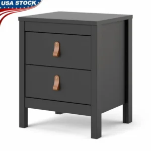 Modern Traditional 2 Drawer Nightstand Black Matte with Grey Knobs and Brown Leather Handles Ideal Bedside Storage Scandinavian
