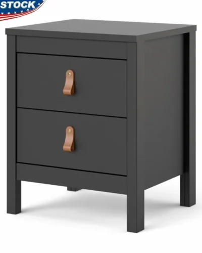 Modern Traditional 2 Drawer Nightstand Black Matte with Grey Knobs and Brown Leather Handles Ideal Bedside Storage Scandinavian