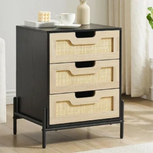 Rattan Nightstand for Apartments, 3 Natural Rattan Drawers Cabinet, Storage Shelves for Bedroom Living Room,Wooden End Tables