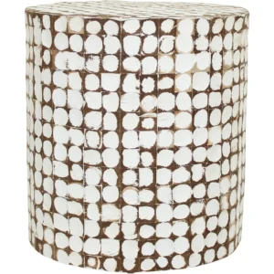 Boho Side Table Nightstand – White Coconut Shell End Table, Handcrafted Accent Furniture for Living Room, Bedroom, or Entryway