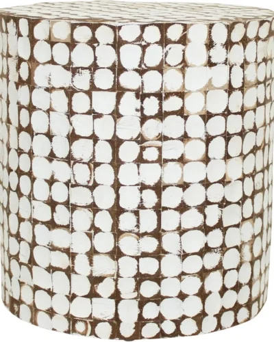 Boho Side Table Nightstand – White Coconut Shell End Table, Handcrafted Accent Furniture for Living Room, Bedroom, or Entryway