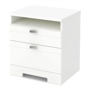 Reevo 2-Drawer Nightstand, Pure White With Matte Nickel Handles