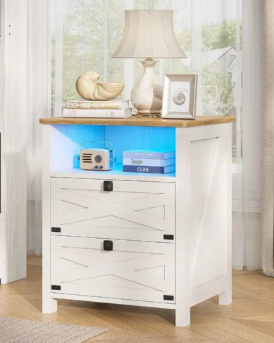 Farmhouse Night Stand for Bedroom, Rustic Vintage White Nightstand with Charging Station and LED Lights, Bedside Table with 2 Dr